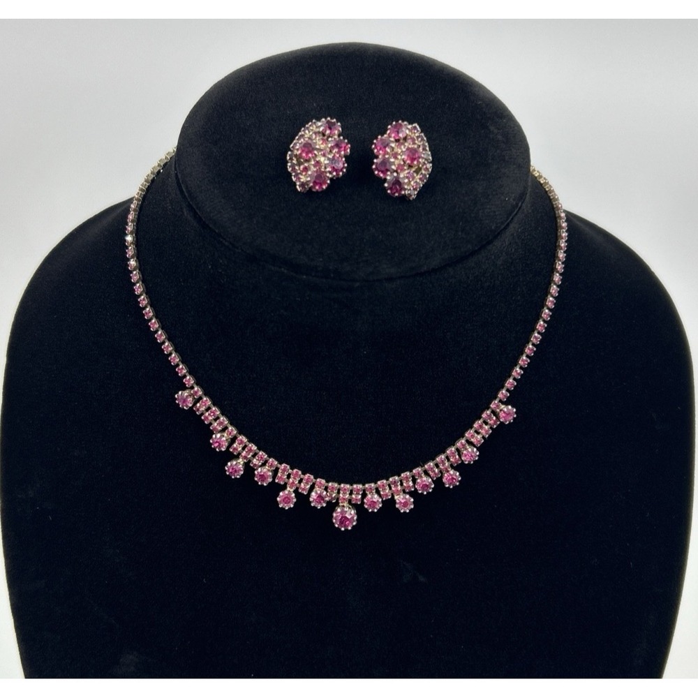 Vintage Weiss Necklace Earrings Red Rhinestone Art Glass Gold Tone Signed